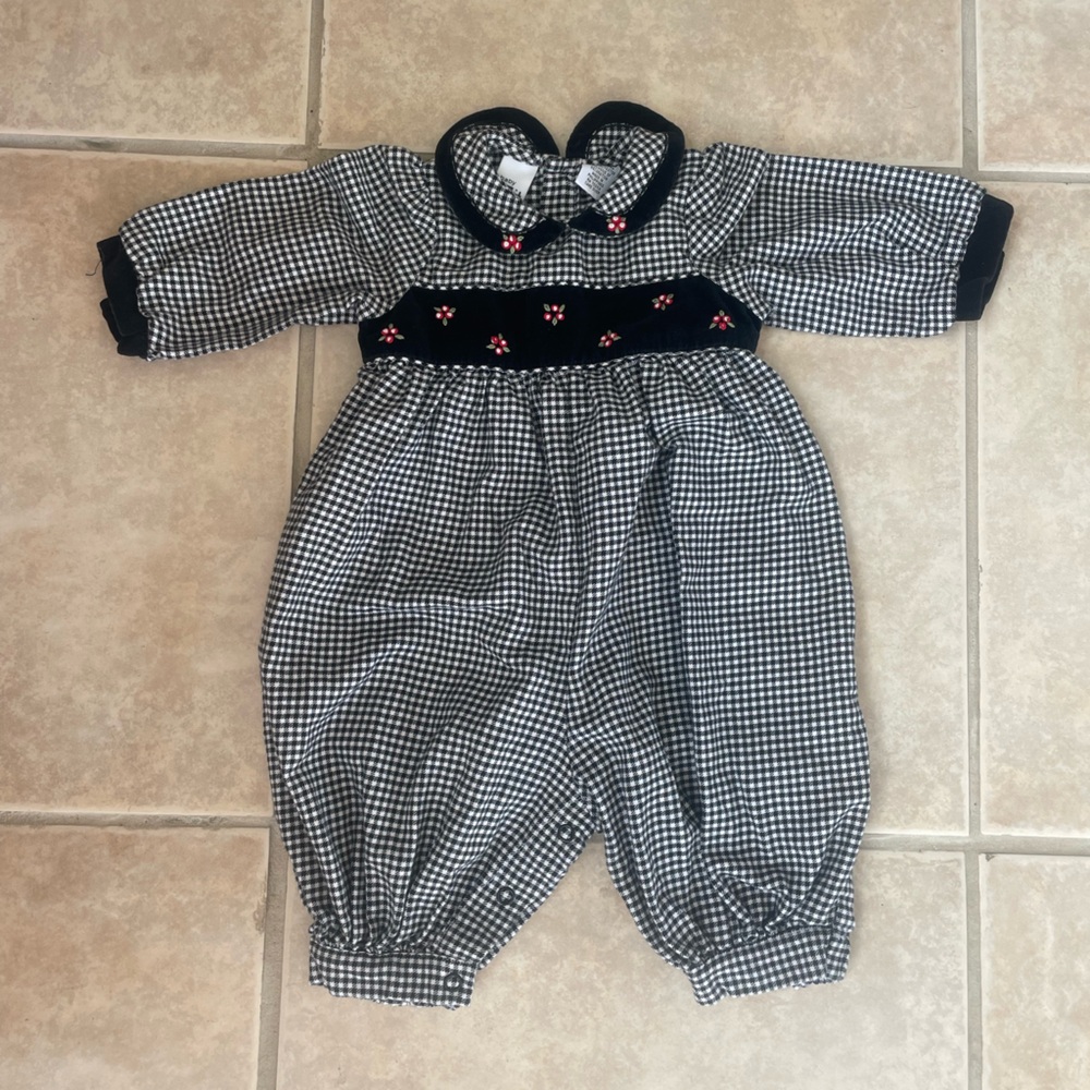 Vintage Black & White Gingham Baby Romper with Red Flower Accents